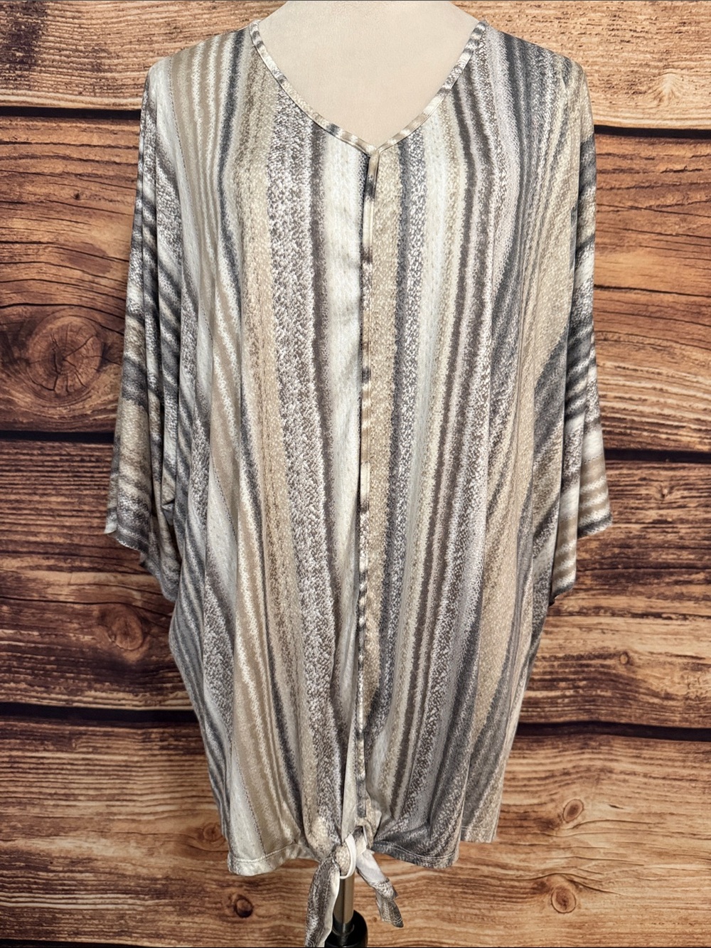 CJ Banks Neutral Striped V-Neck Tie-Front Tunic
